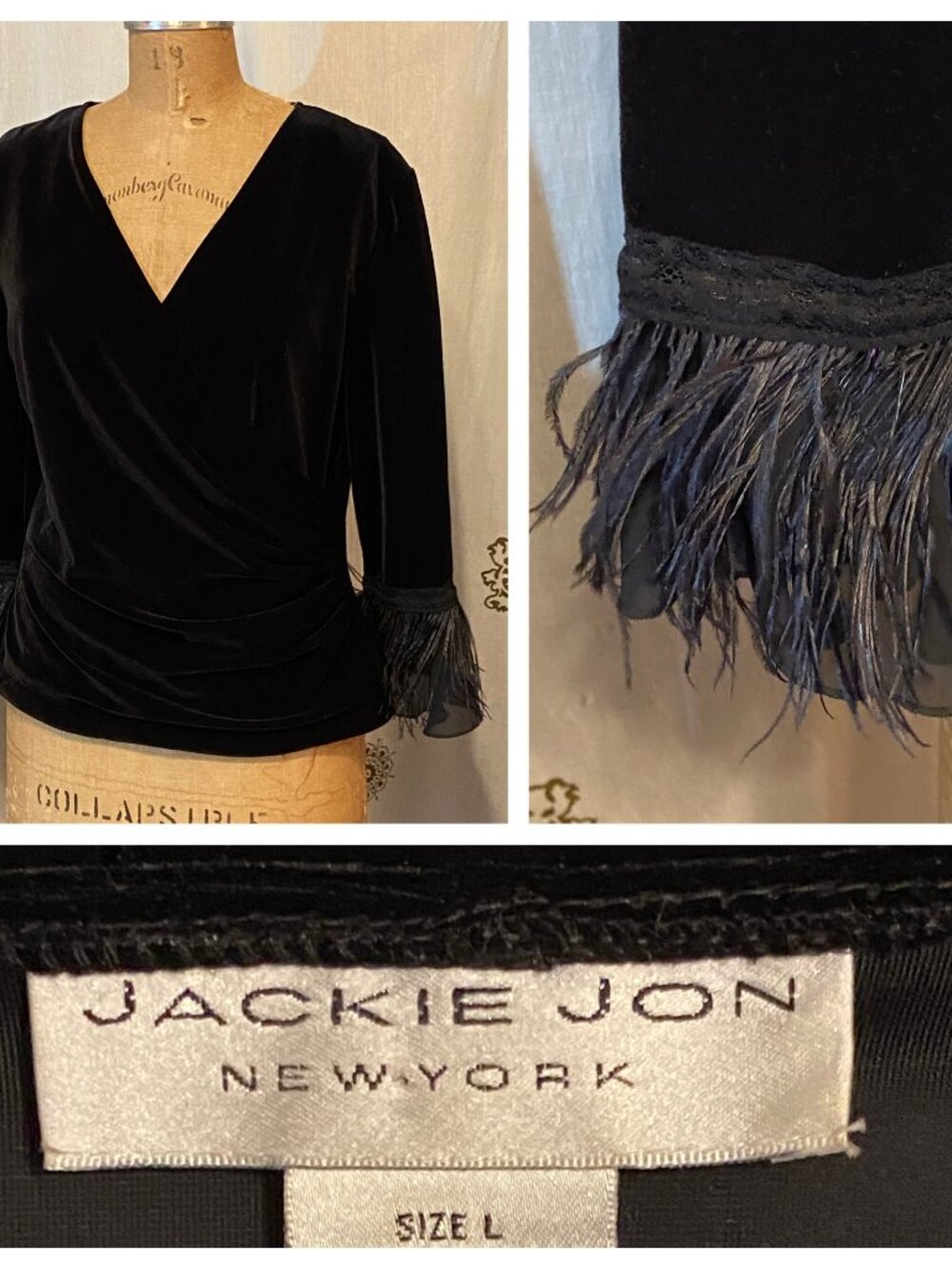 JACKIE JON Velvet Wrap Top Black Feather L Whimsigoth Dark Romance Gothic Witch